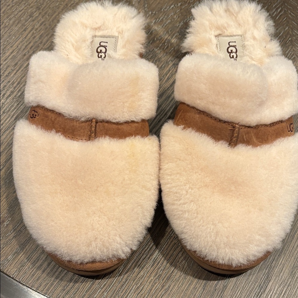 UGG Fluffy Cream and Tan Slippers